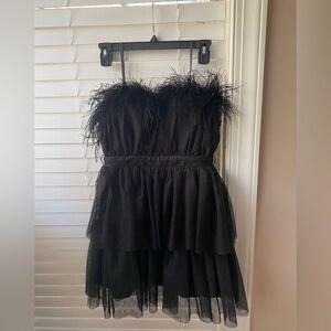City Studio Black Strapless Feather-Trim Tiered Tulle Mini Dress